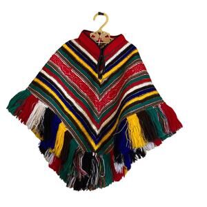 Vintage 70s Child's Multicolored Fringed Poncho Artisan Made in Brazil